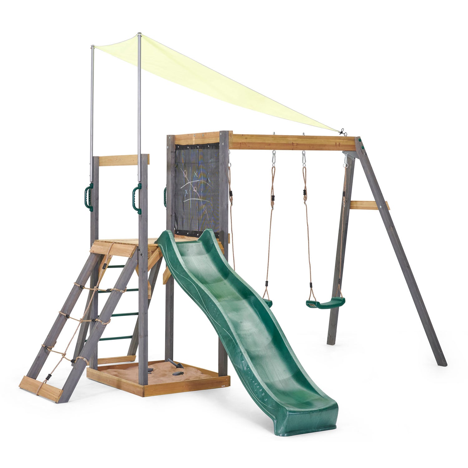 Right angle of Plum Play's Siamang Wooden Playcentre Climbing Frame with a wave slide against a white background