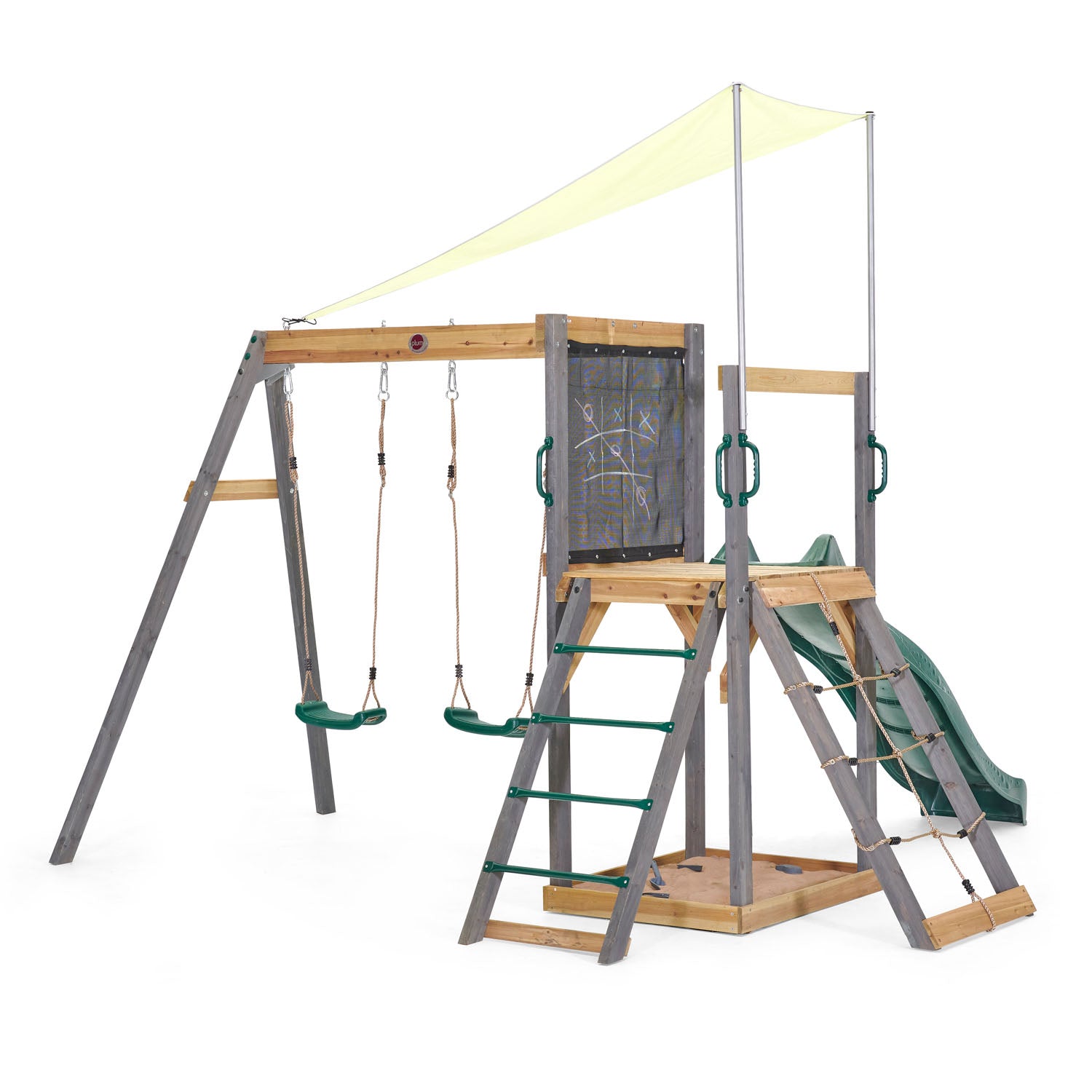 Back view of Plum Play's Siamang Wooden Playcentre Climbing Frame showing the metal rungs and cargo net climber