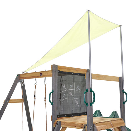 Wooden play deck with chalkboard and sunshade sail in Plum Play's Siamang Wooden Playcentre Climbing Frame