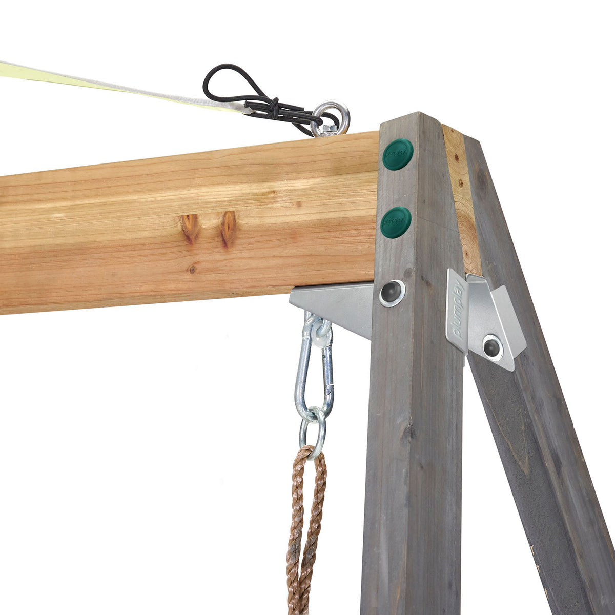 Close-up of bracket on top of swing in Plum Play's Siamang Wooden Playcentre