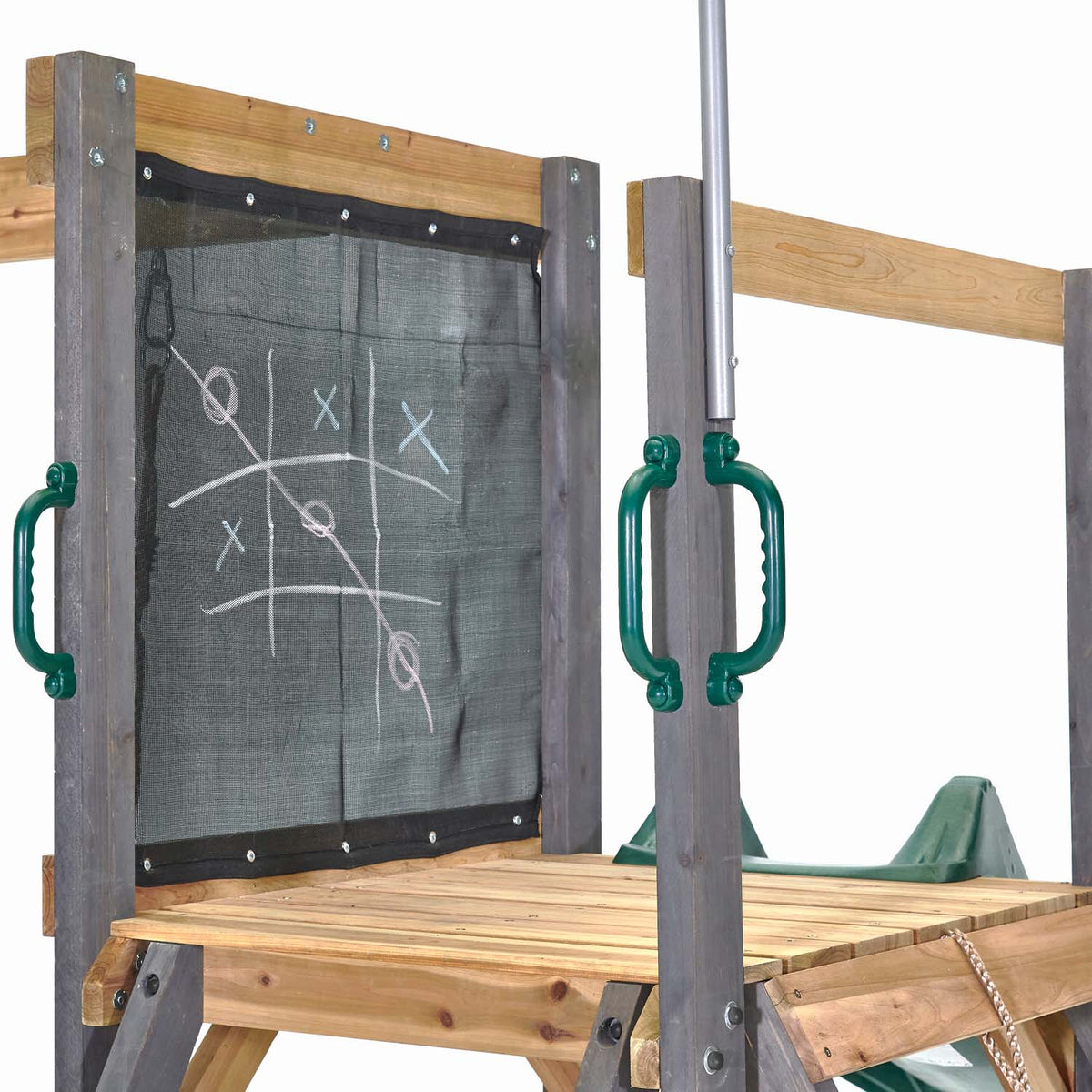 Wooden play deck area with fabric chalkboard in Plum Play's Siamang Wooden Playcentre Climbing Frame