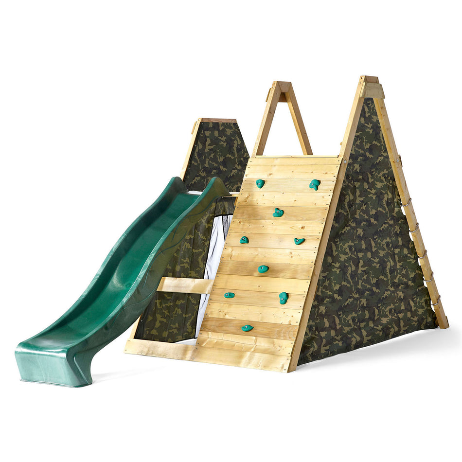 Left angle view of Plum Play's Climbing Pyramid Wooden Climbing Frame with slide and rock wall