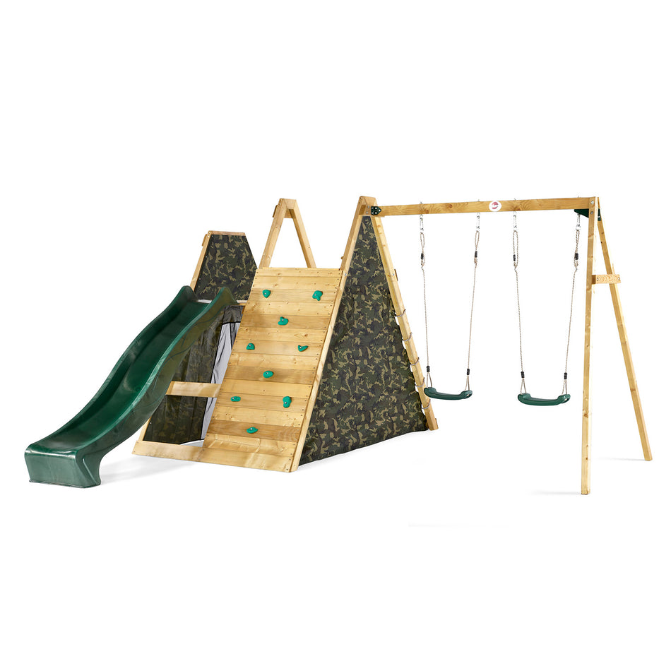 Front view of Plum Play's Wooden Climbing Pyramid with Swings