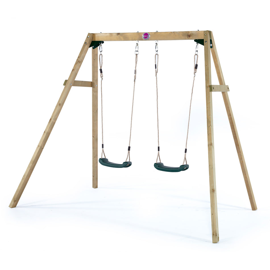 Right angle view of Plum Play's Wooden Double Swing Set