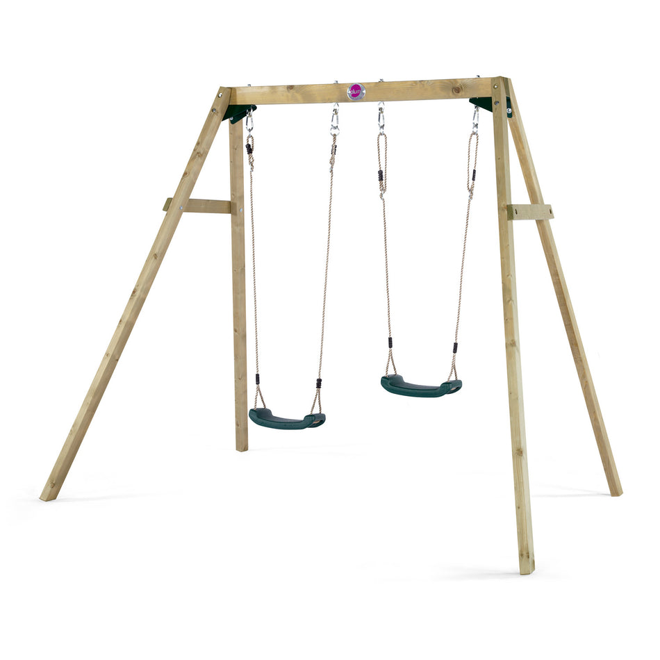 Plum Play's Wooden Double Swing Set with swings set to different heights