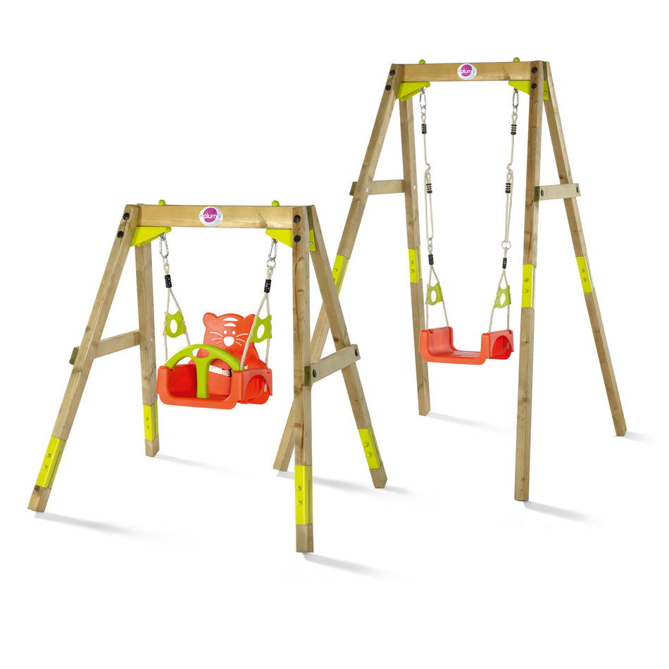 Plum Play's Wooden Growing Swing Set showing with and without leg extension