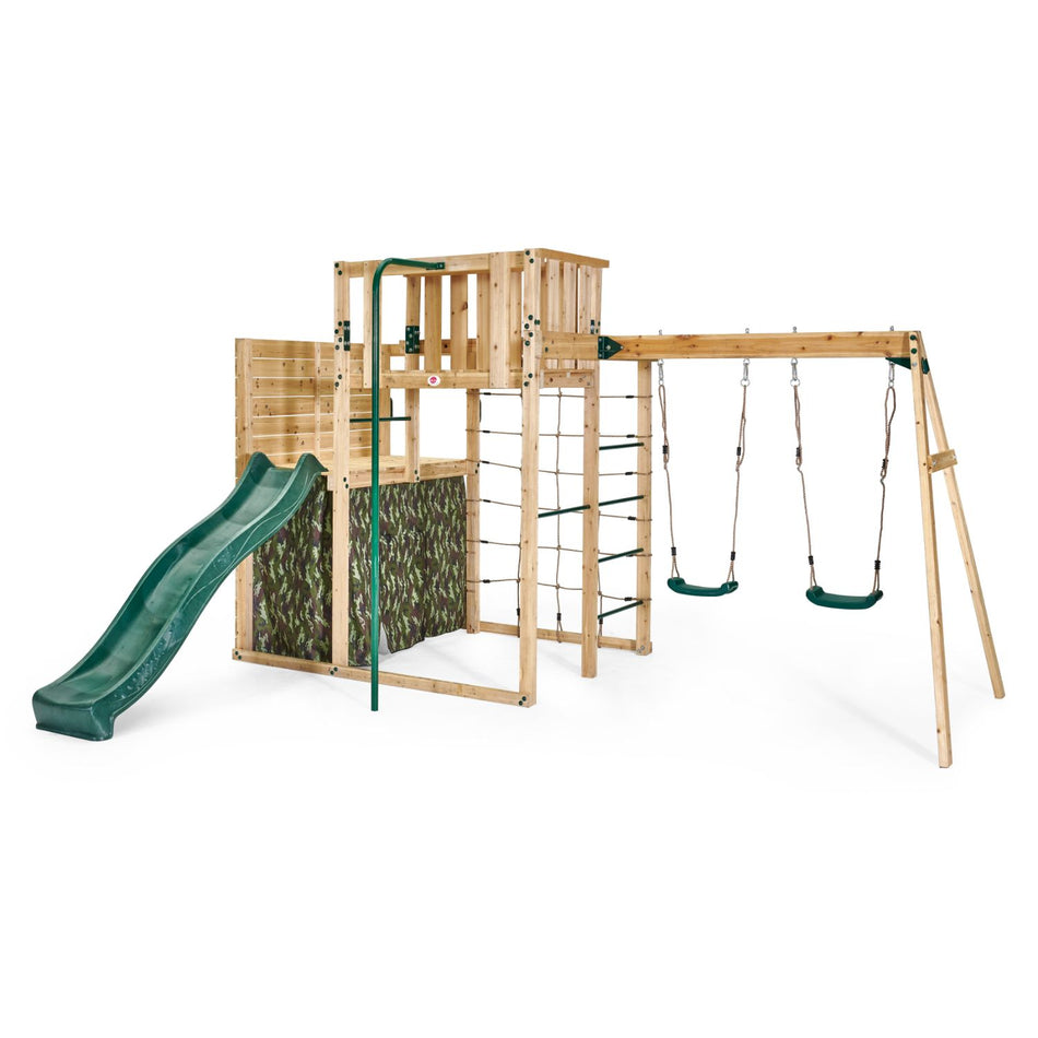 Left angle of Plum Play's Wooden Climbing Cube XL with Swing Arm