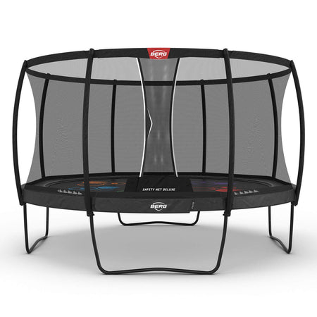 430cm or 14.1ft BERG Elite Round Trampoline with 'Levels' Jump Mat with Safety Net Deluxe in Grey colour