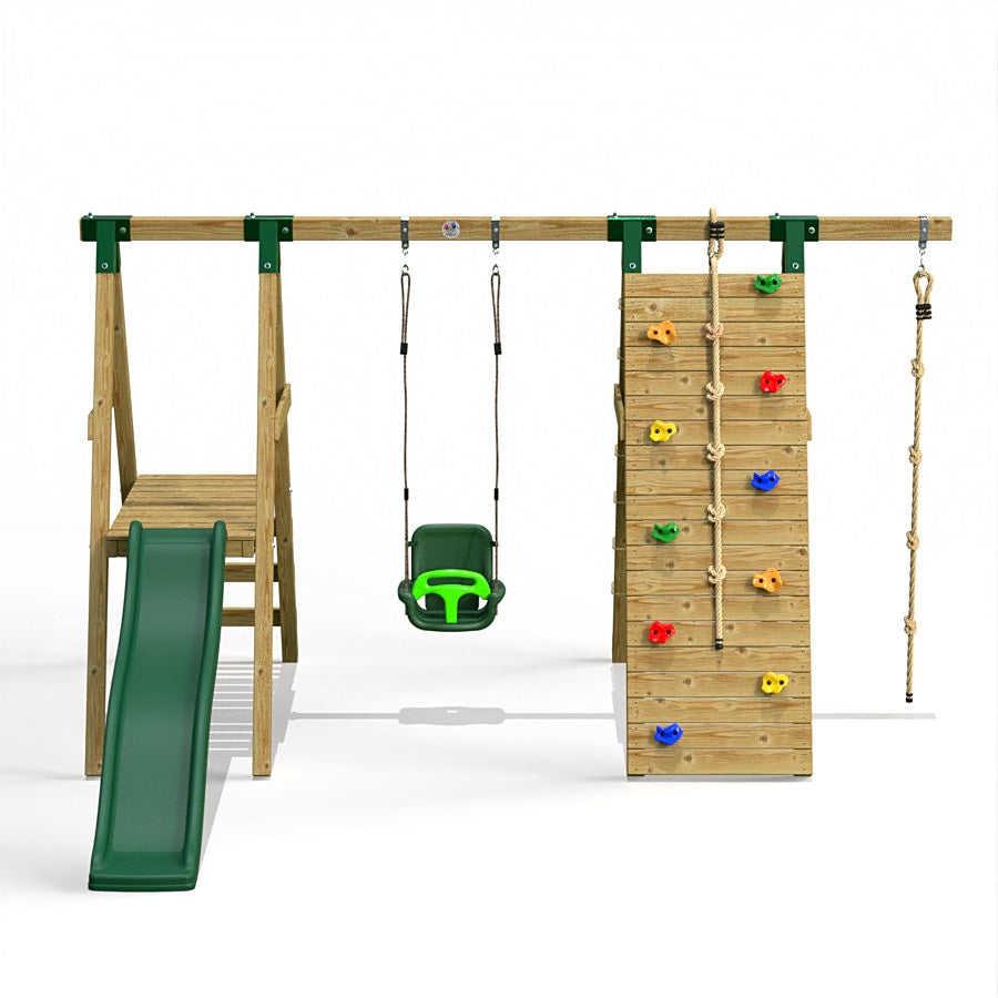 Little Rascals Wooden Swing Set with Slide, Climbing Wall/Net & 3 in 1 Baby seat & Climbing Rope