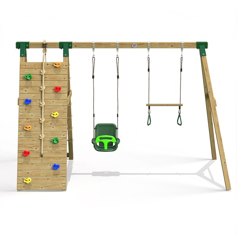 Little Rascals Wooden Double Swing Set with Climbing Wall/Net, 3 in 1 Baby Seat & Trapeze Bar