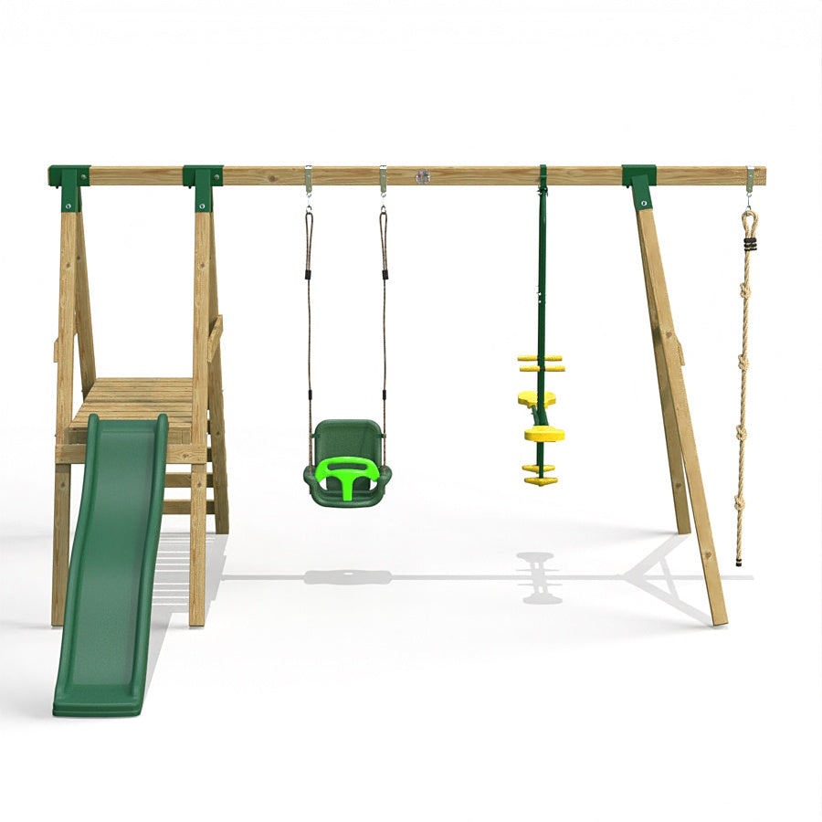 Little Rascals Wooden Double Swing Set with Slide, 3 in 1 Baby Seat, Glider & Climbing Rope