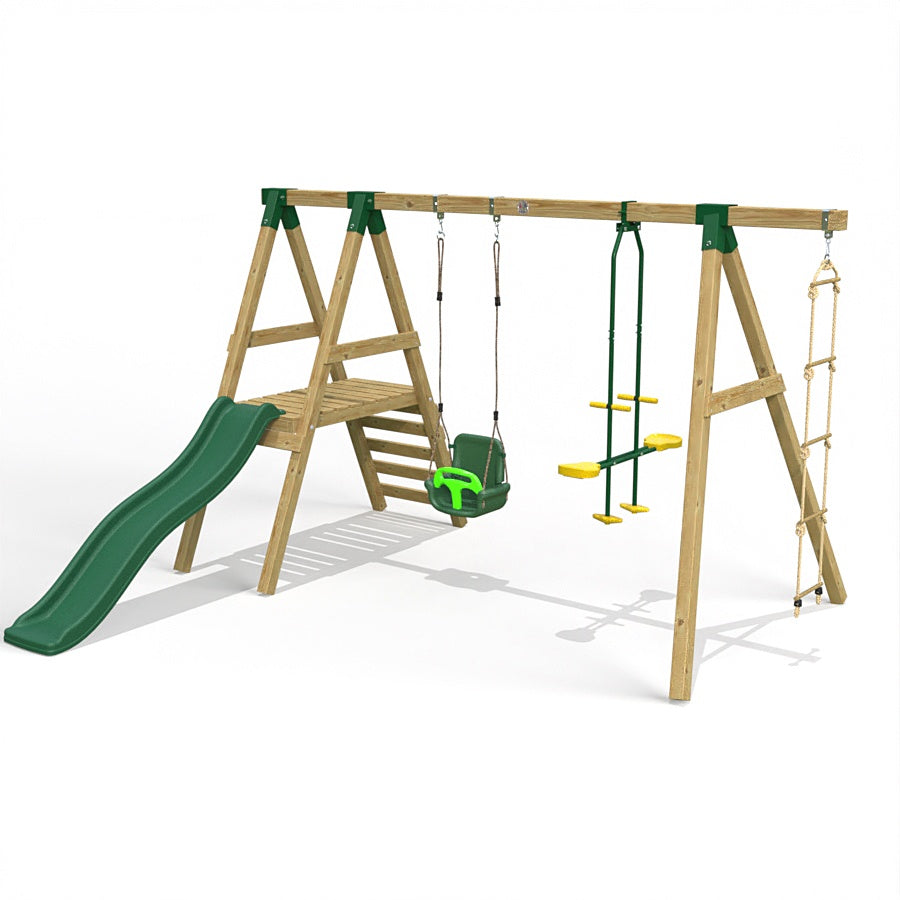 Little Rascals Wooden Double Swing Set with Slide, 3 in 1 Baby Seat, Glider & Rope Ladder