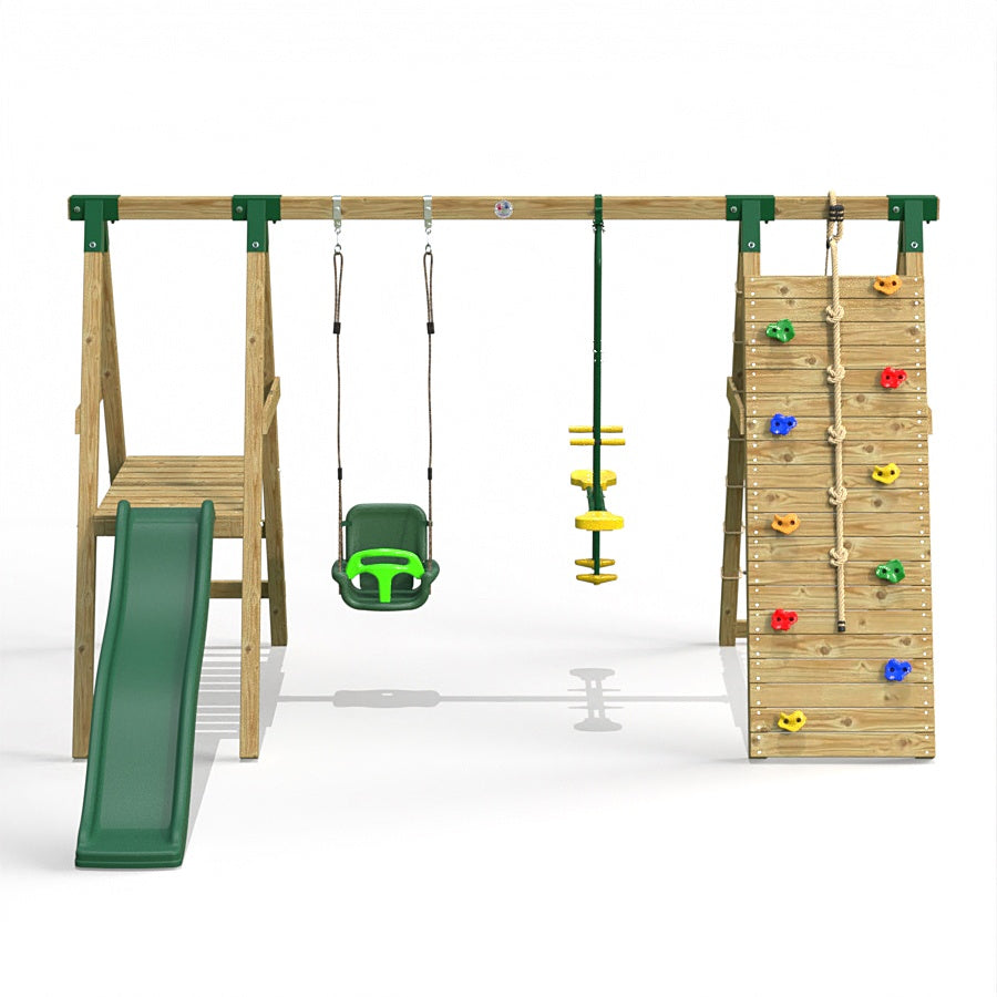 Little Rascals Wooden Double Swing Set with Slide, Climbing Wall/Net, 3 in 1 Baby Seat & Glider