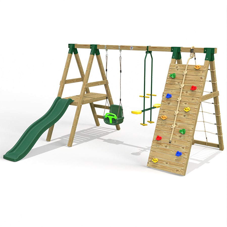 Little Rascals Wooden Double Swing Set with Slide, Climbing Wall/Net, 3 in 1 Baby Seat & Glider