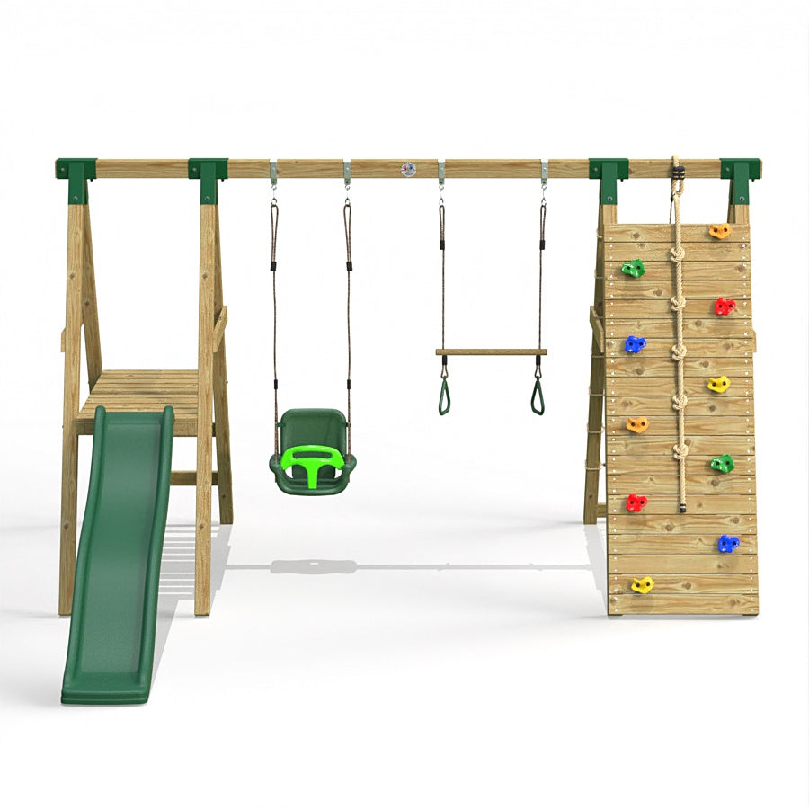 Little Rascals Wooden Double Swing Set with Slide, Climbing Wall/Net, 3 in 1 Baby Seat & Trapeze Bar