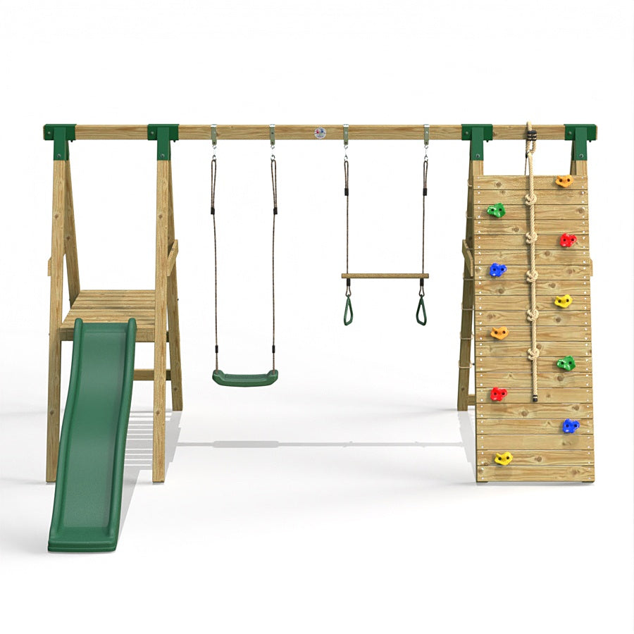 Little Rascals Wooden Double Swing Set with Slide, Climbing Wall/Net, Swing Seat & Trapeze Bar