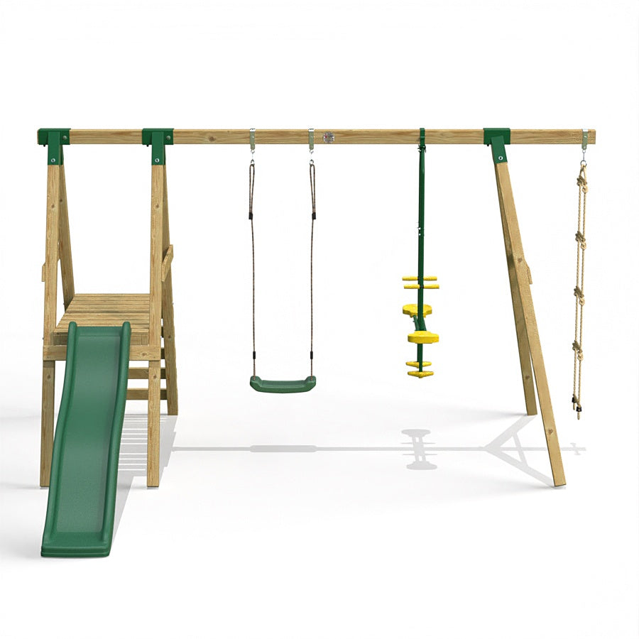 Little Rascals Wooden Double Swing Set with Swing Seat, Glider & Rope Ladder