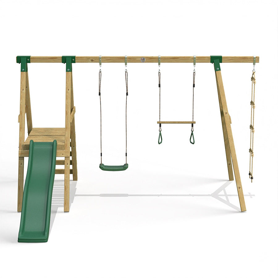 Little Rascals Wooden Double Swing Set with Slide, Swing Seat, Trapeze Bar & Rope Ladder