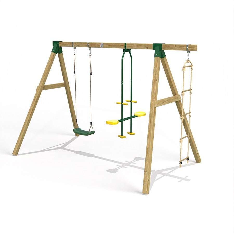 Little Rascals Wooden Double Swing Set with Swing Seat, Glider & Rope Ladder