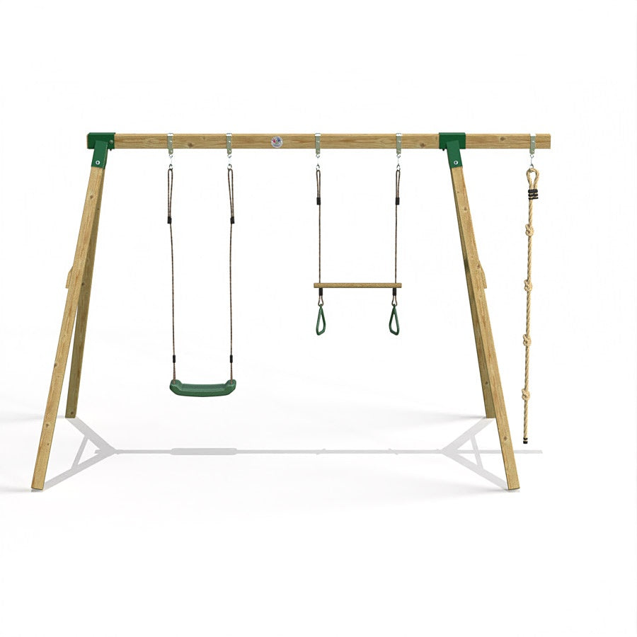 Little Rascals Wooden Double Swing Set with Swing Seat, Trapeze Bar & Climbing Rope