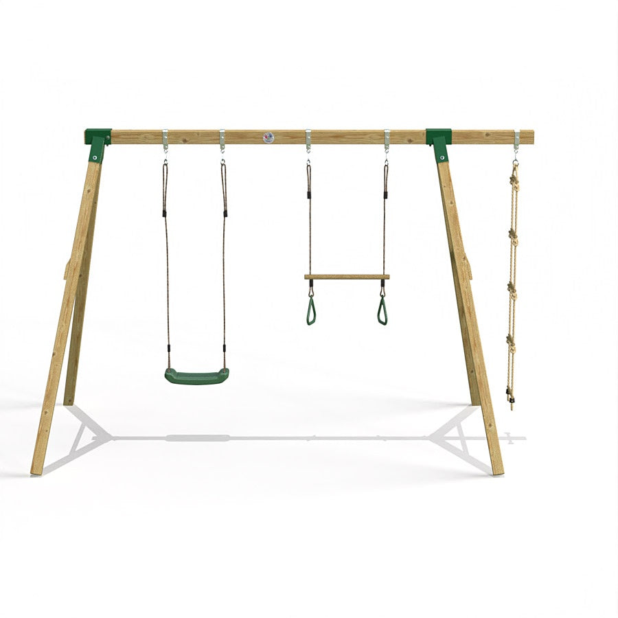 Little Rascals Wooden Double Swing Set with Swing Seat, Trapeze Bar & Rope Ladder