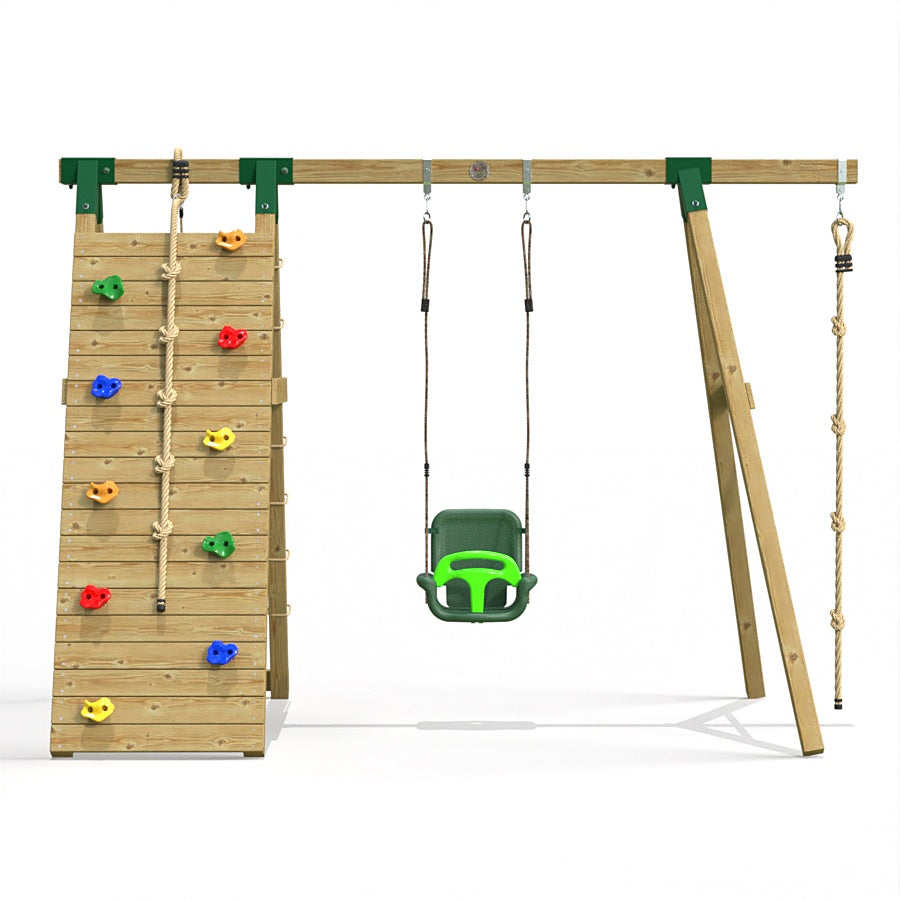 Little Rascals Wooden Single Swing Set with Climbing Wall/Net, 3 in 1 Baby Seat & Climbing Rope