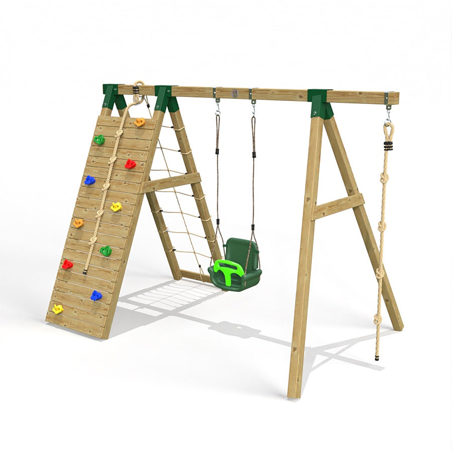 Little Rascals Wooden Single Swing Set with Climbing Wall/Net, 3 in 1 Baby Seat & Climbing Rope