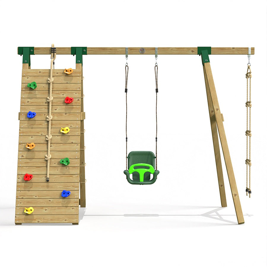 Little Rascals Wooden Single Swing Set with Climbing Wall/Net, 3 in 1 Baby Seat & Rope Ladder