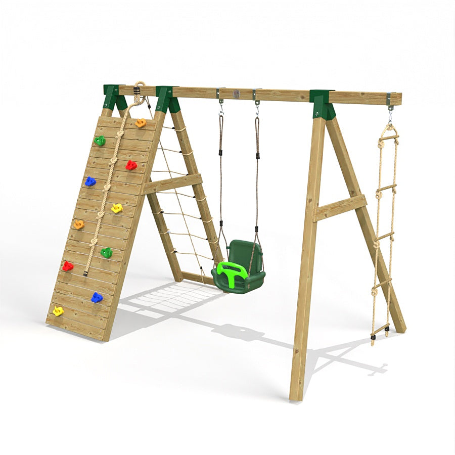 Little Rascals Wooden Single Swing Set with Climbing Wall/Net, 3 in 1 Baby Seat & Rope Ladder