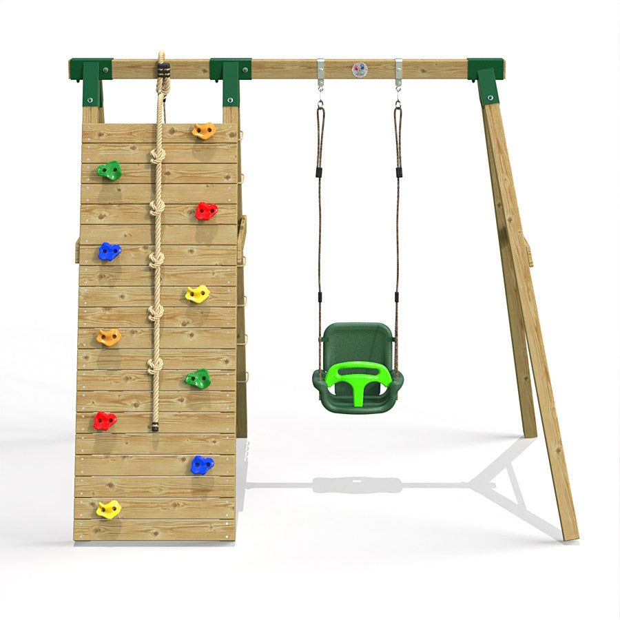 Little Rascals Wooden Single Swing Set with Climbing Wall/Net & 3 in 1 Baby Seat