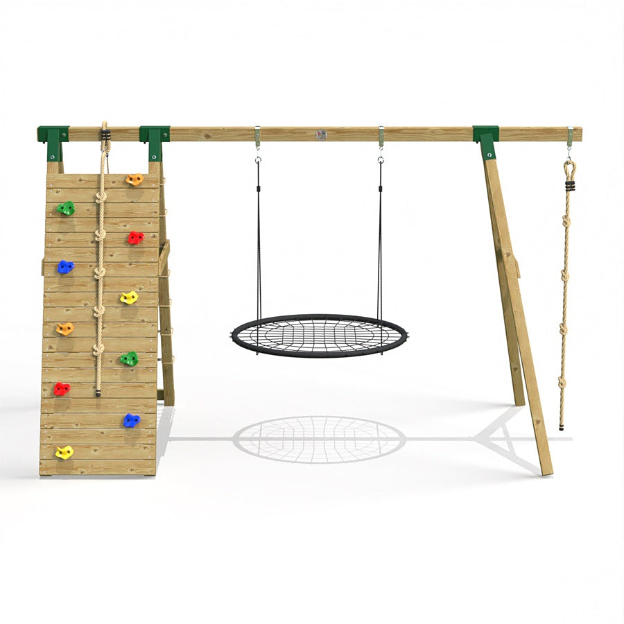 Little Rascals Wooden Single Swing Set with Climbing Wall/Net, Nest Swing & Climbing Rope