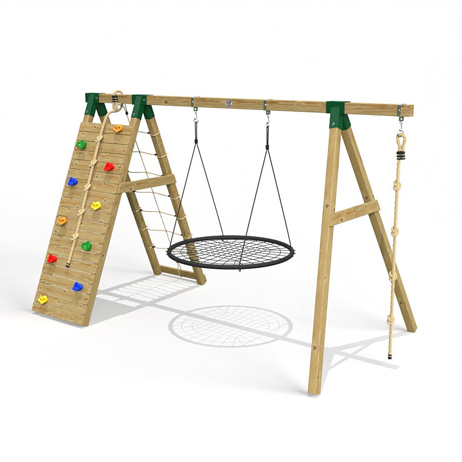 Little Rascals Wooden Single Swing Set with Climbing Wall/Net, Nest Swing & Climbing Rope