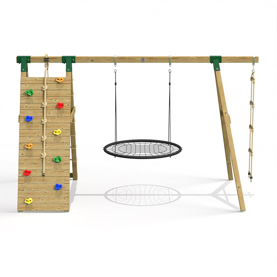 Little Rascals Wooden Single Swing Set with Climbing Wall/Net, Nest Swing & Rope Ladder