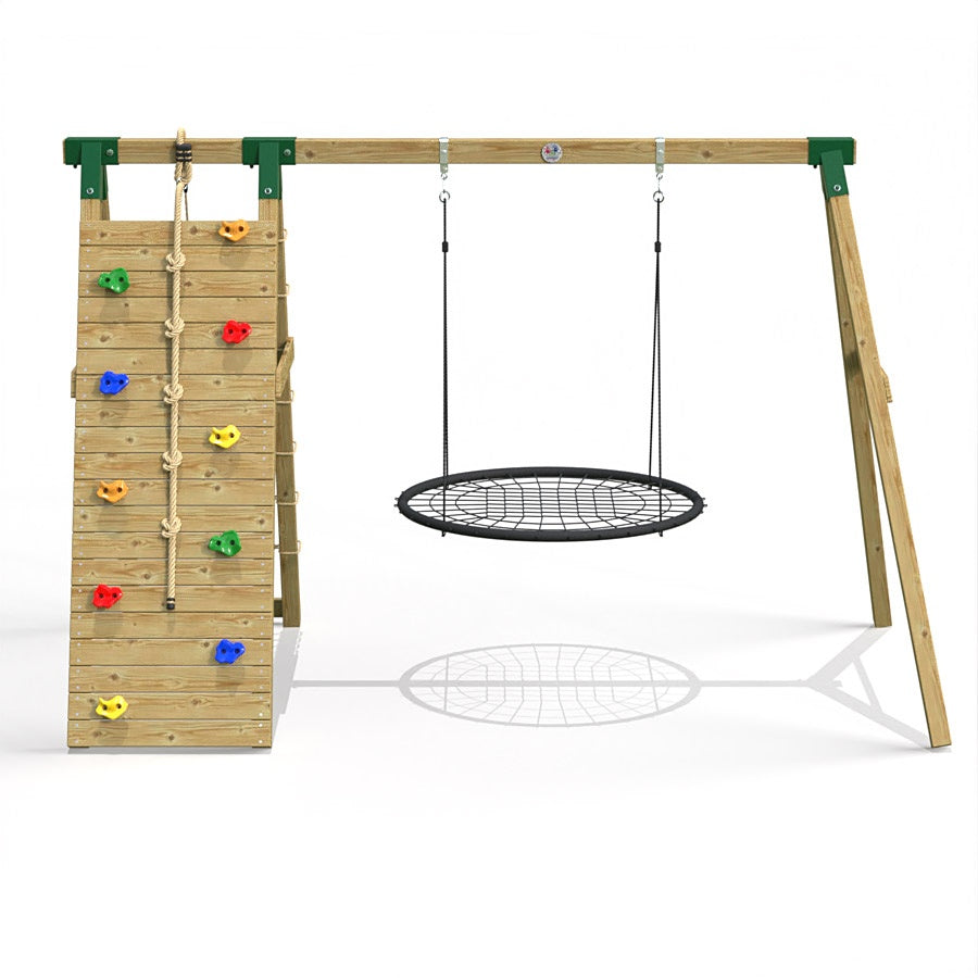 Little Rascals Wooden Single Swing set with Climbing Wall/Net & Nest Swing