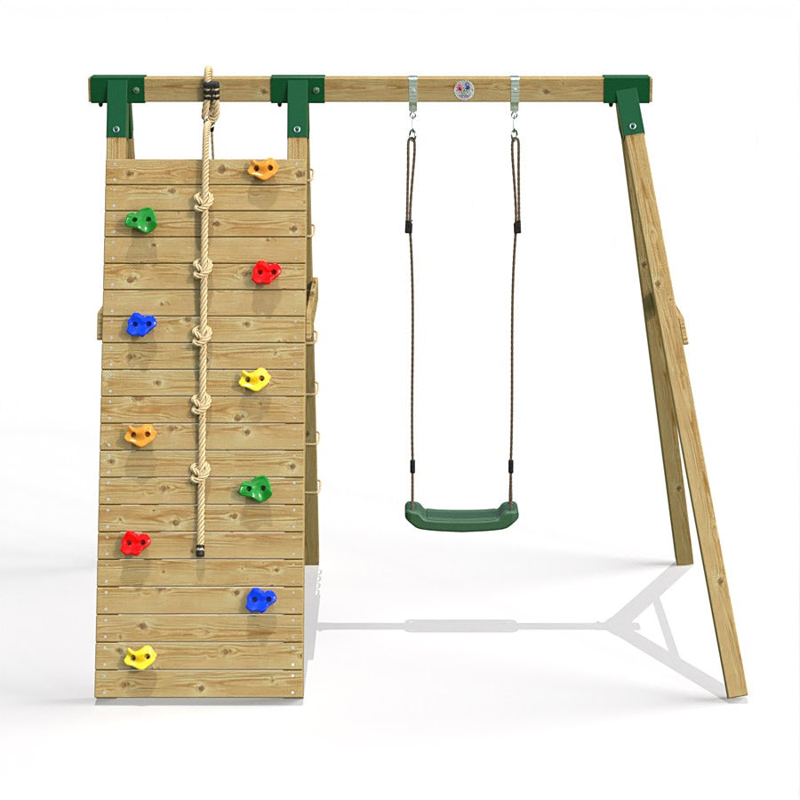 Little Rascals Wooden Single Swing Set with Climbing Wall/Net & Swing Seat