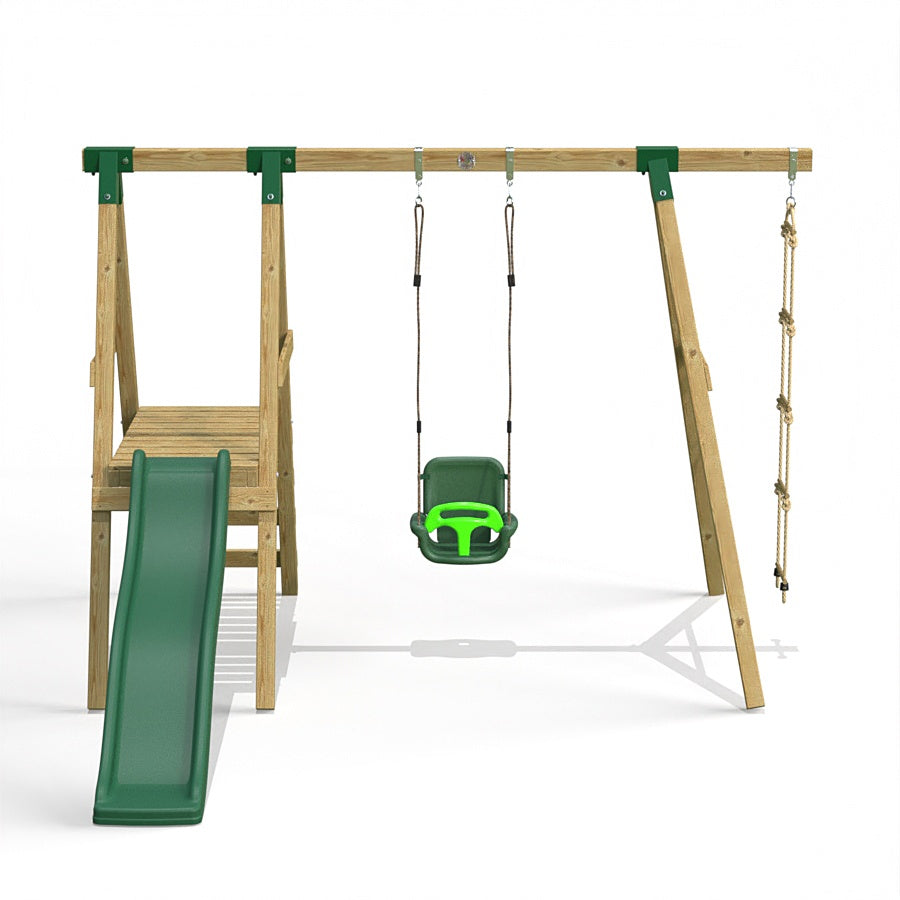 Little Rascals Wooden Single Swing Set with Slide, 3 in 1 Baby Seat & Rope Ladder