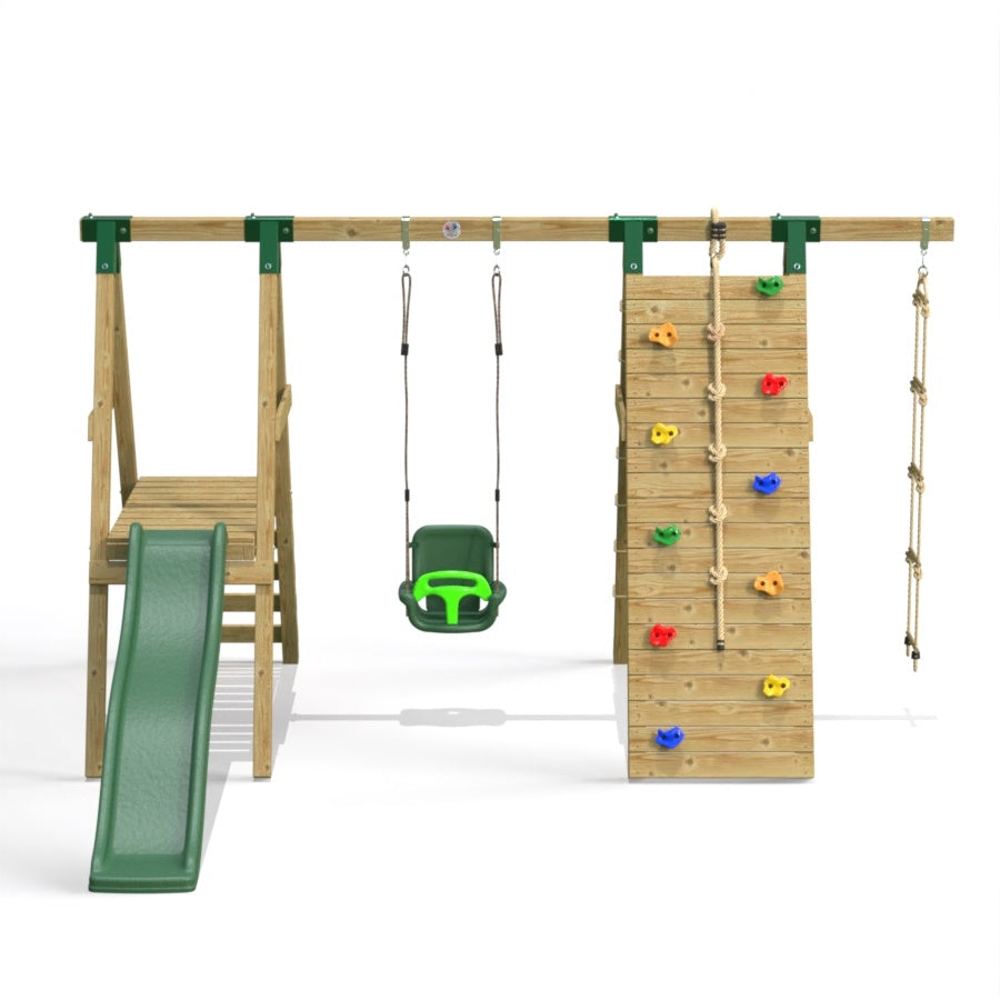 Little Rascals Wooden Single Swing Set with Slide, Climbing Wall/Net, 3 in 1 Baby Seat & Rope Ladder