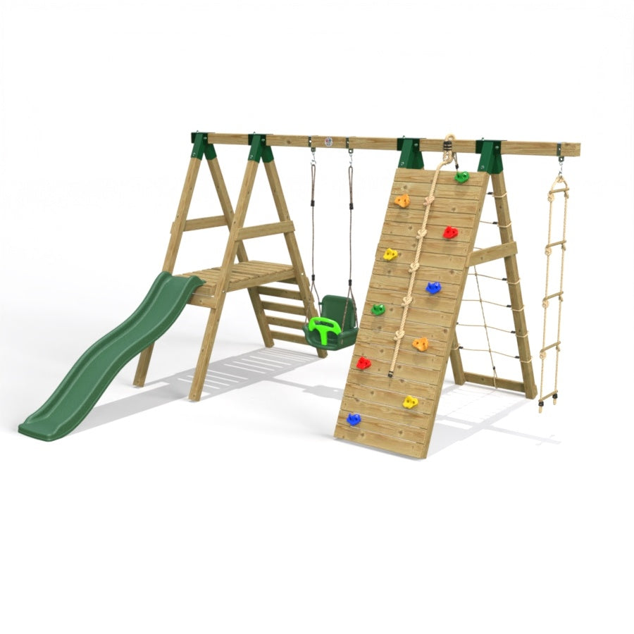 Little Rascals Wooden Single Swing Set with Slide, Climbing Wall/Net, 3 in 1 Baby Seat & Rope Ladder