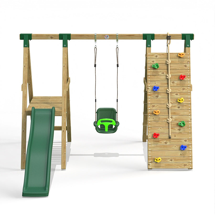 Little Rascals Wooden Single Swing Set with Slide Climbing Wall Net Be Active Toys