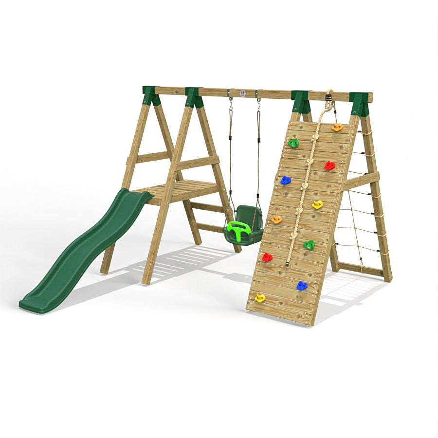 Little Rascals Wooden Single Swing Set with Slide, Climbing Wall/Net & 3 in 1 Baby Seat