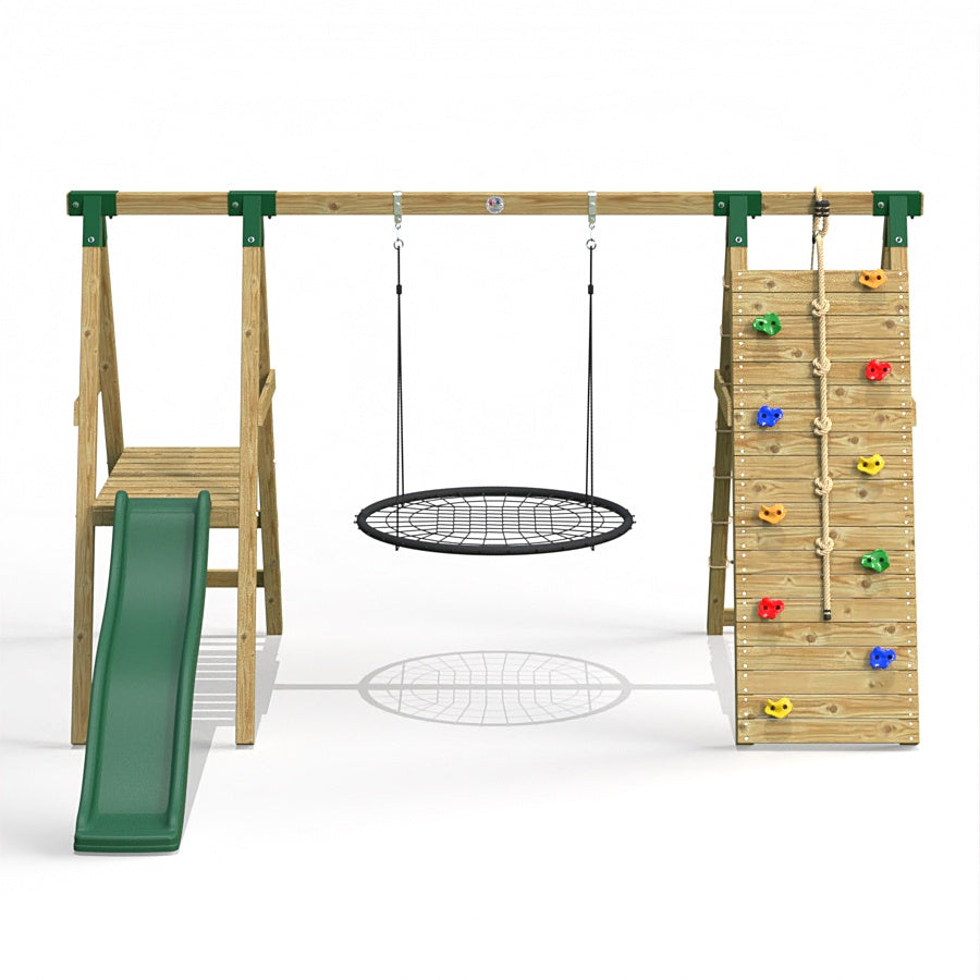 Little Rascals Wooden Single Swing Set with slide, climbing wall with net & nest swing