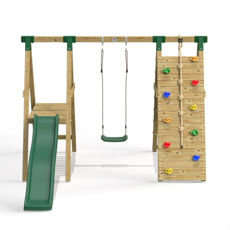 Little Rascals Wooden Single Swing Set with Slide, Climbing Wall/Net & Swing Seat