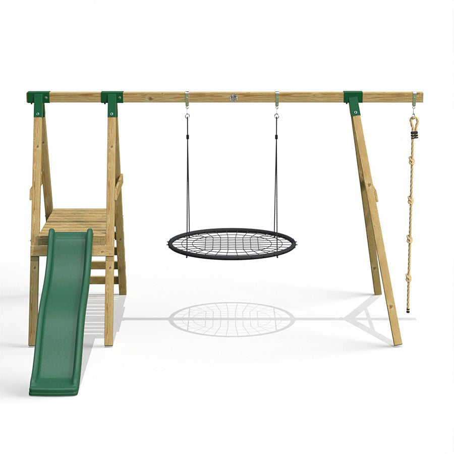 Little Rascals Wooden Single Swing Set with Slide, Nest Swing & Climbing Rope