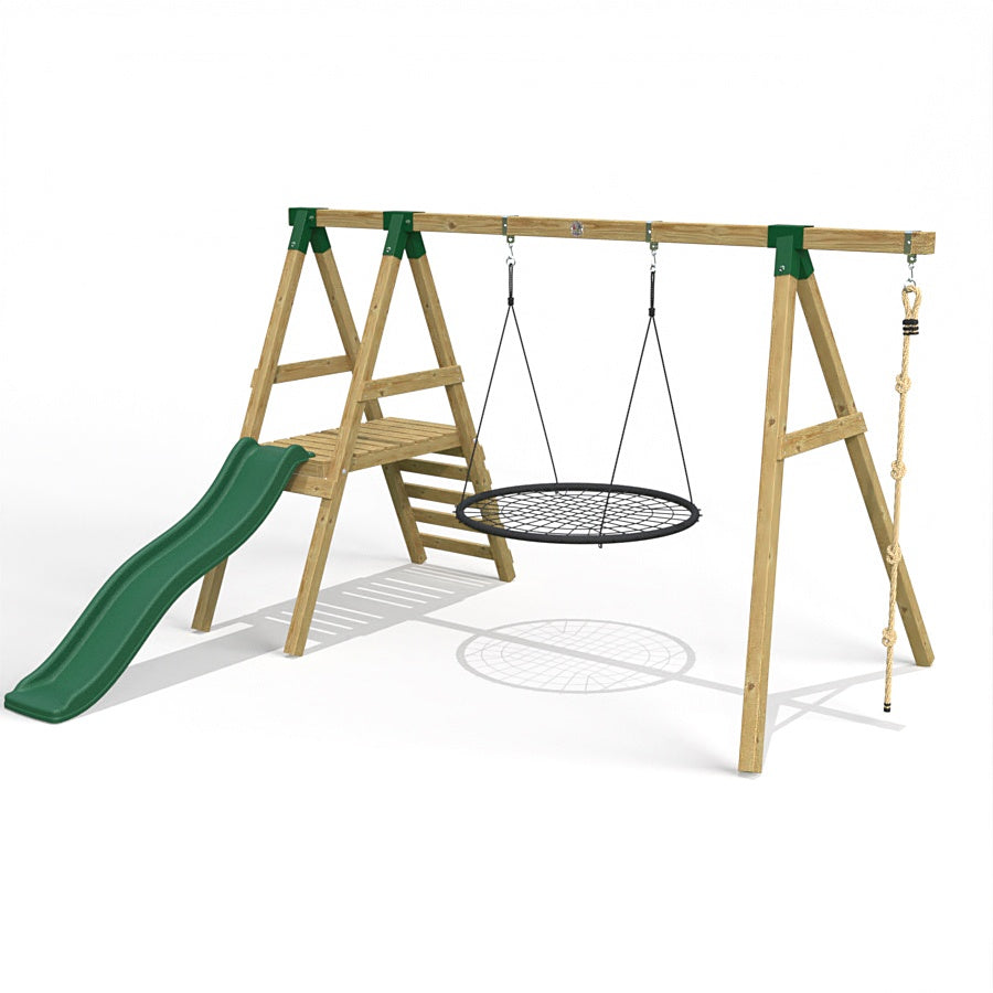 Little Rascals Wooden Single Swing Set with Slide, Nest Swing & Rope Ladder