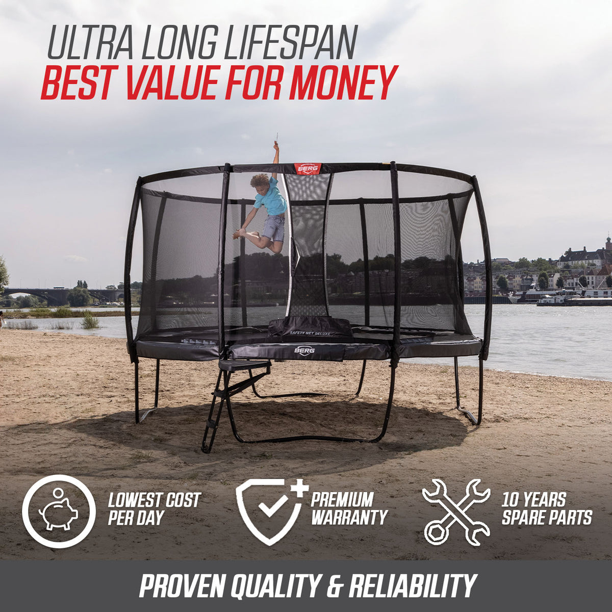 BERG Champion Trampoline with Safety Net - best value for money with its ultra long lifespan and proven quality and reliability