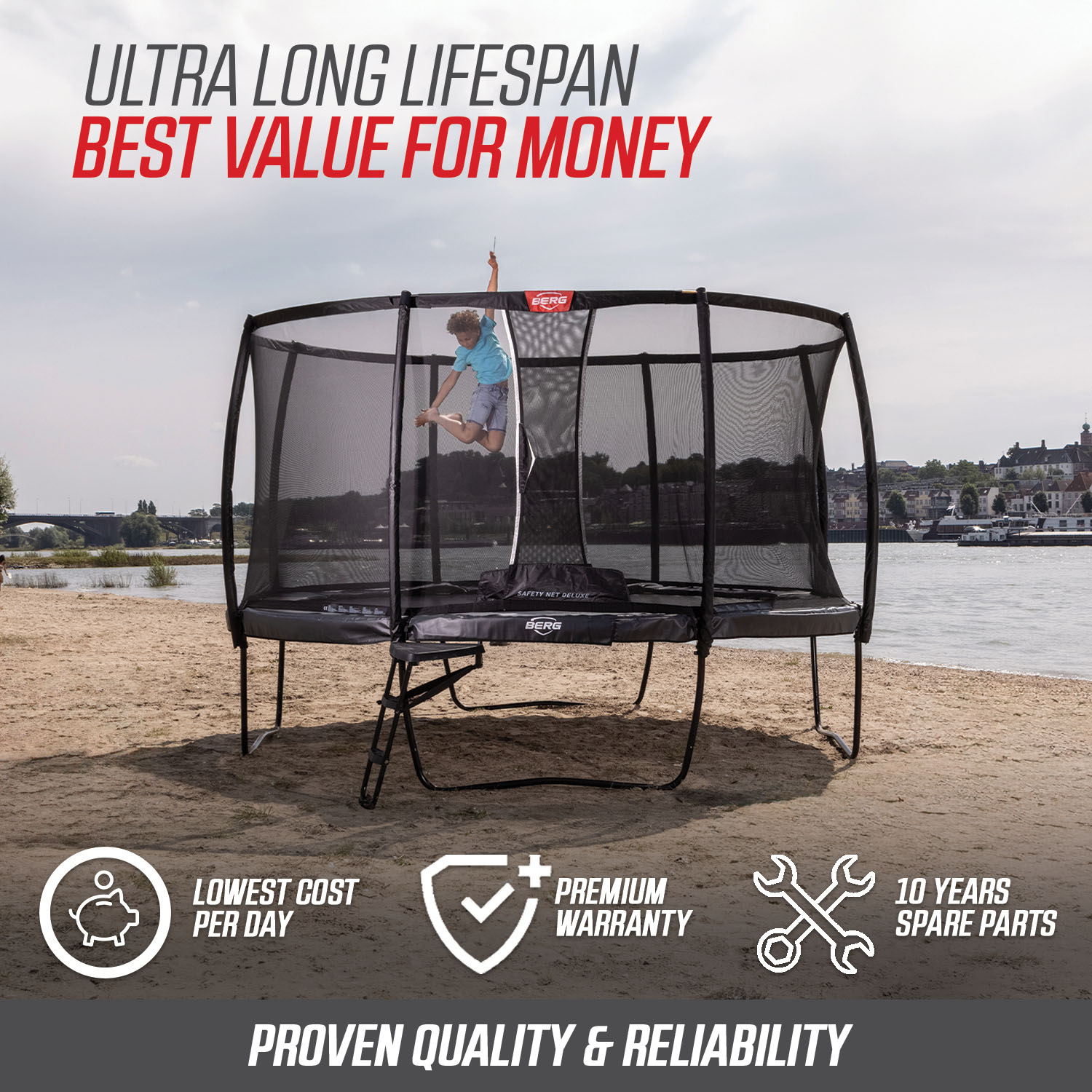 BERG Champion Trampoline with Safety Net - best value for money with its ultra long lifespan and proven quality and reliability