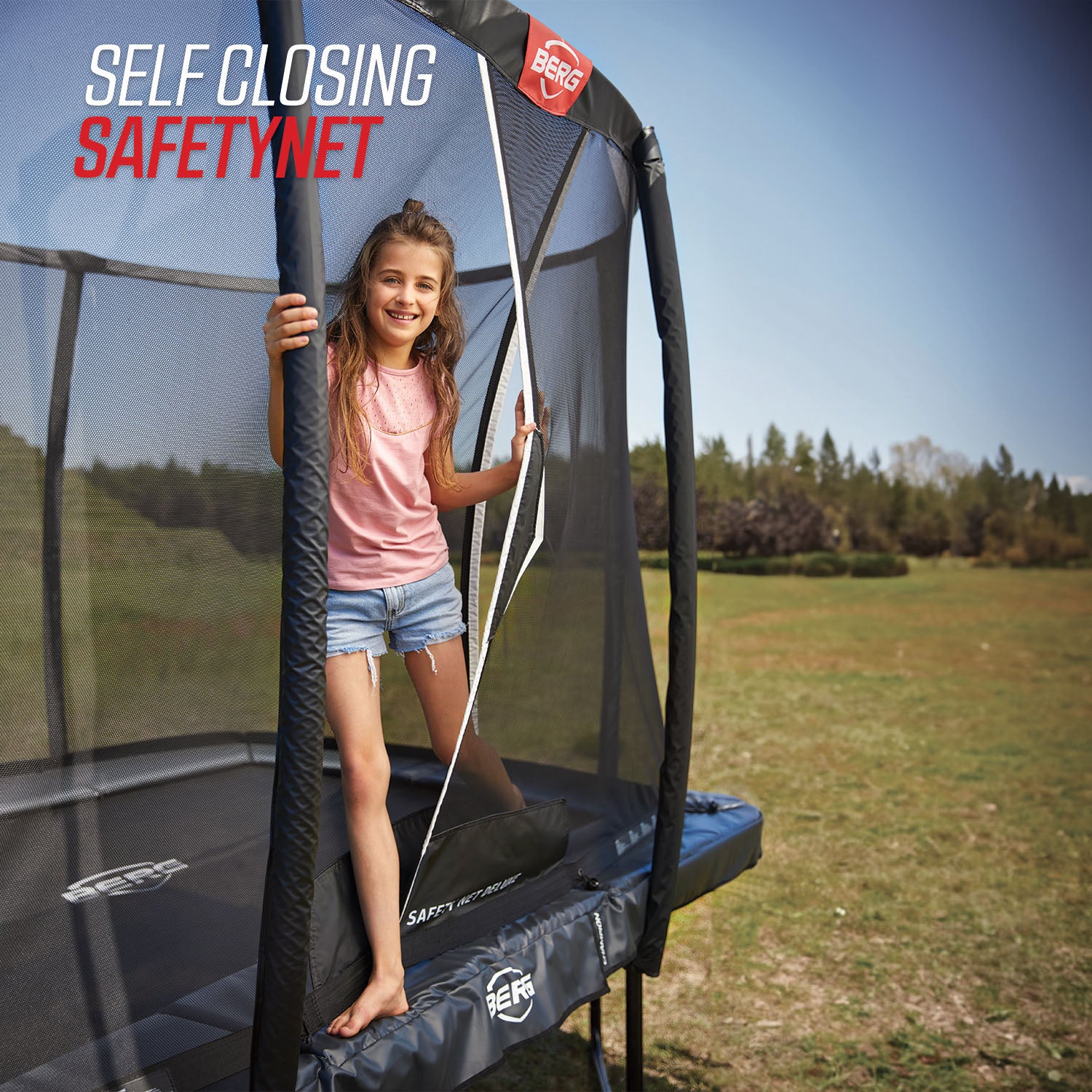 Prioritize safety with self closing safety net in BERG Elite Trampoline with Safety Net Deluxe