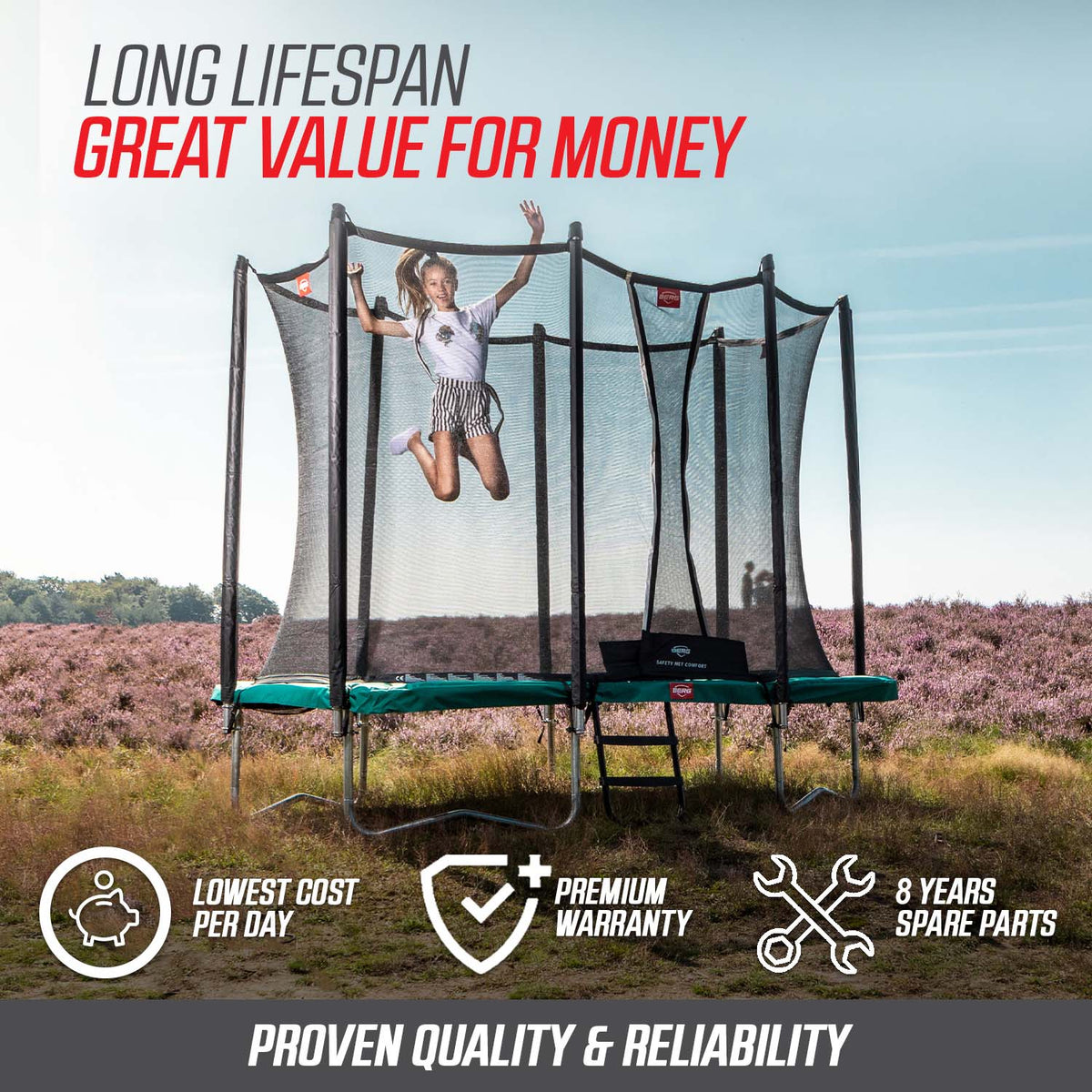 BERG Favorit Trampoline with Safety Net - long lifespan with proven quality and reliability