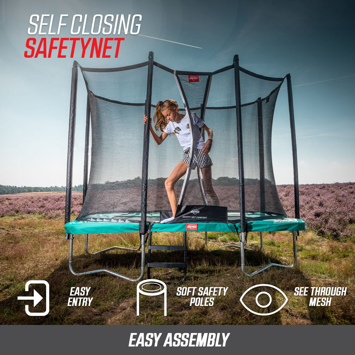 BERG Favorit Trampoline with Safety Net - easy assembly self closing safety net